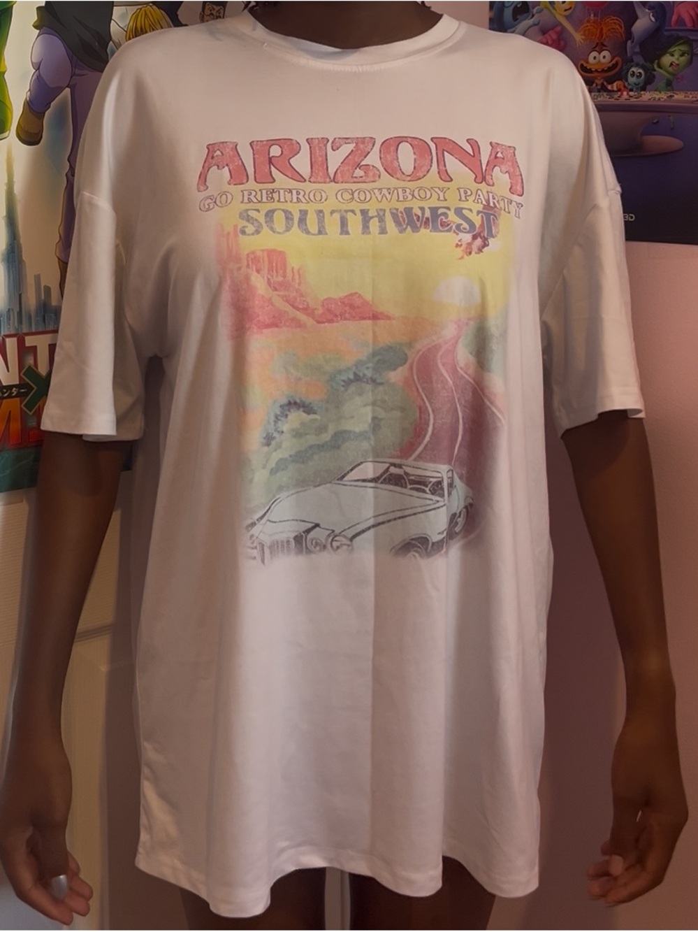SHEIN White Arizona Southwest Graphic Tee with Pink and Yellow Print